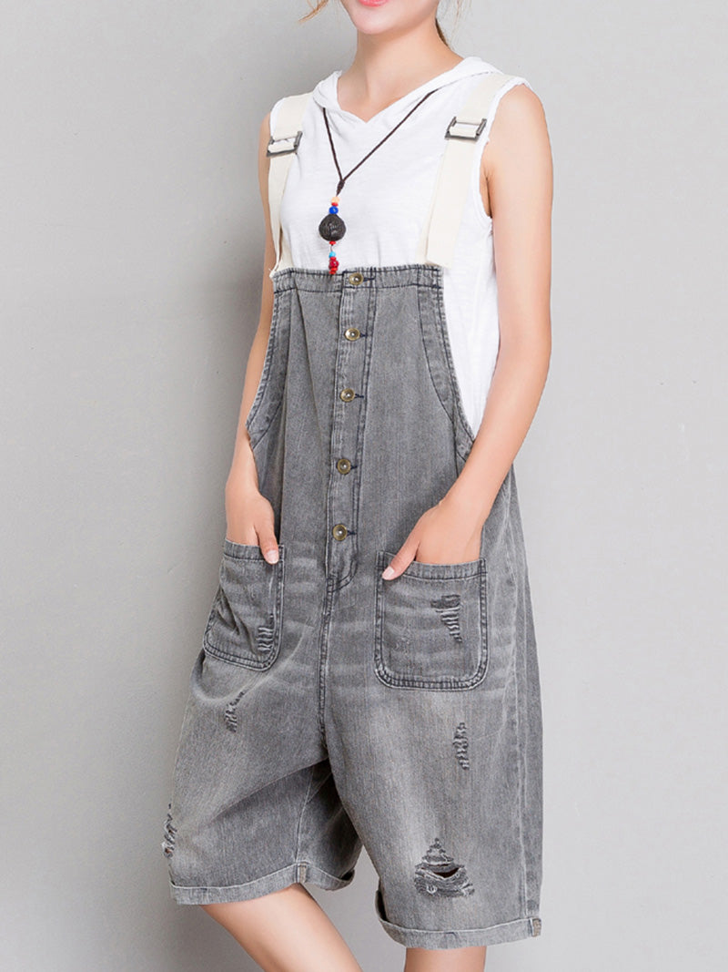 Distressed Grey Denim Romper - Button Front Style