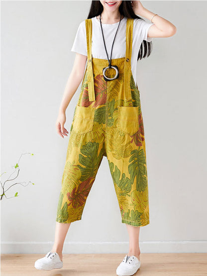 Tropical Leaf Print Cotton Overalls