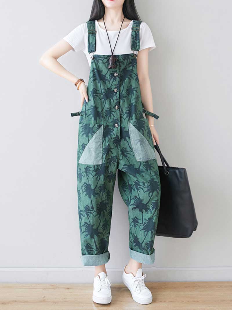Palm Print Cotton Overalls - Adjustable Workwera | Eva Trends