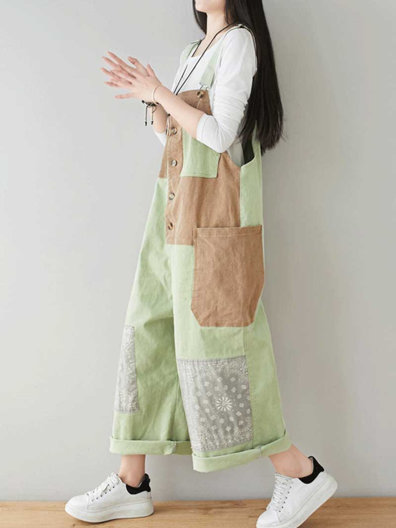 Button Front Denim Dungarees with Contrast Panel Details
