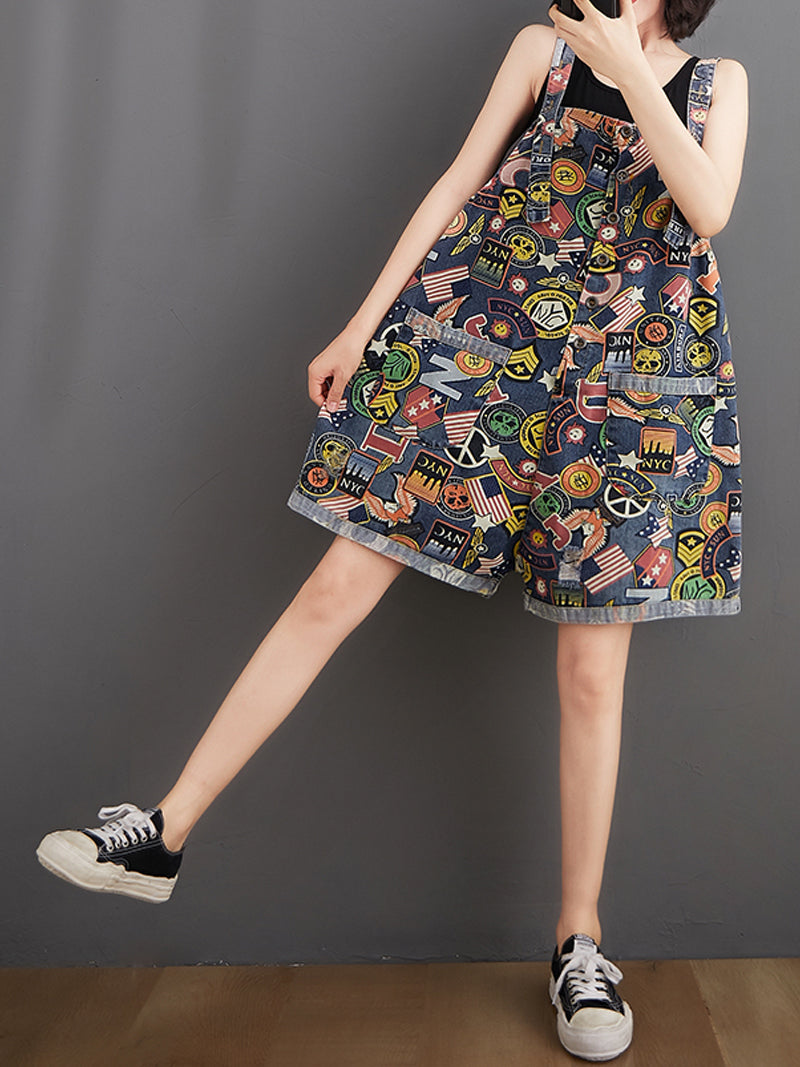 Graphic Print Short Dungarees - NYC Patchwork Denim Style