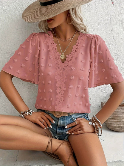 üî• Elegant Swiss Dot Lace Butterfly Sleeve Shirt, Long Sleeve Commuter Top, Loose Fit Casual Summer Blouse for Women