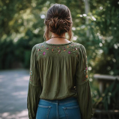 Women's Embroidered Floral Cotton Top with Bishop Sleeves – Green