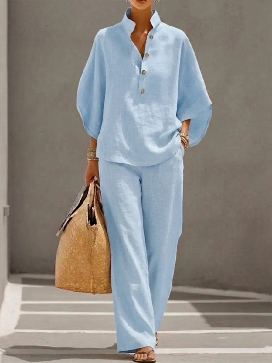 üî•Women's Batwing Sleeve Two-Piece Set ‚Äì Casual Shirt & Wide Leg Pants Outfit
