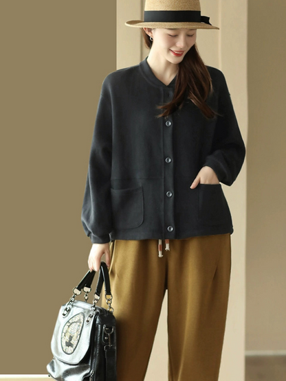 Women's Modern Casual Wear Stand Collar Pocket Style Sweater