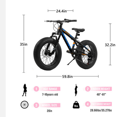 20" Fat Tire Mountain Bike | Full Shimano 7-Speed, Dual Disc Brakes & Front Suspension