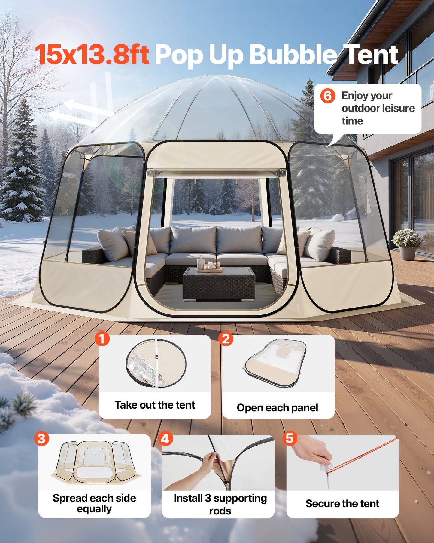 Clear Bubble Dome Tent | 15x13.8 FT Pop-Up Igloo for 12-15 People | 540° View