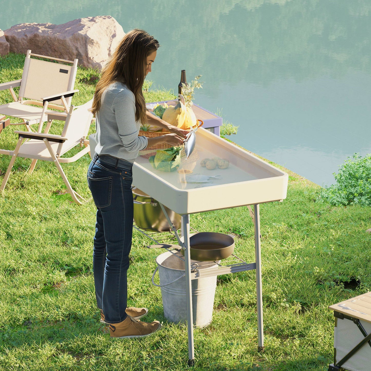 Folding Ice Cooler Table with Drain & Storage Shelf – 110 lb. Capacity