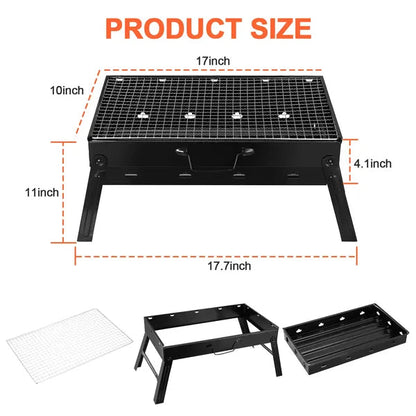 Foldable Portable Charcoal BBQ Grill – 17" Stainless Steel Cooking Grate, Ash Catcher, Folds Flat for Camping & Picnics