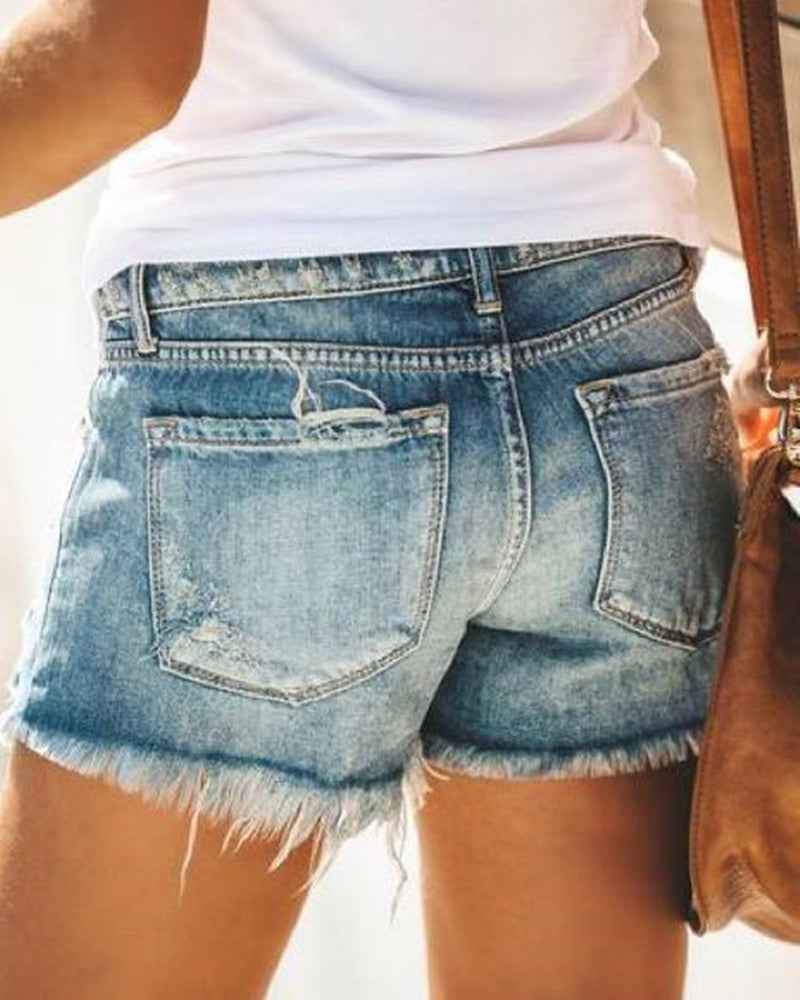 Women's High-Waist Ripped Fringed Denim Shorts – Light & Dark Blue, S to XXL