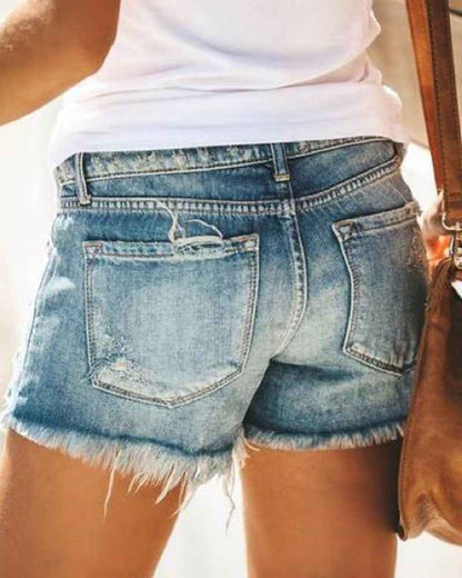 Women's High-Waist Ripped Fringed Denim Shorts – Light & Dark Blue, S to XXL