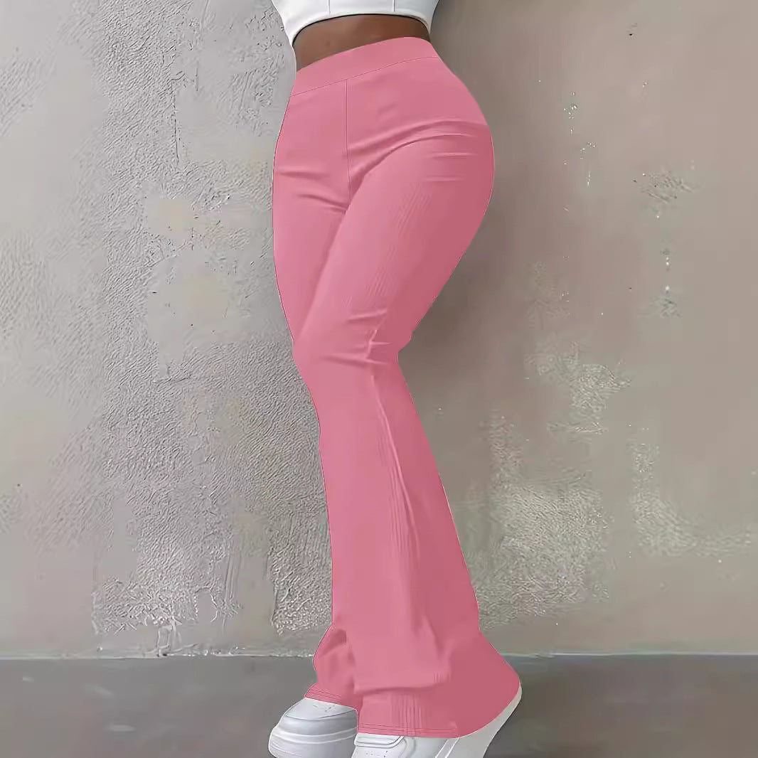 Women's High-Waist Ribbed Slim-Fit Flared Trousers – Pink