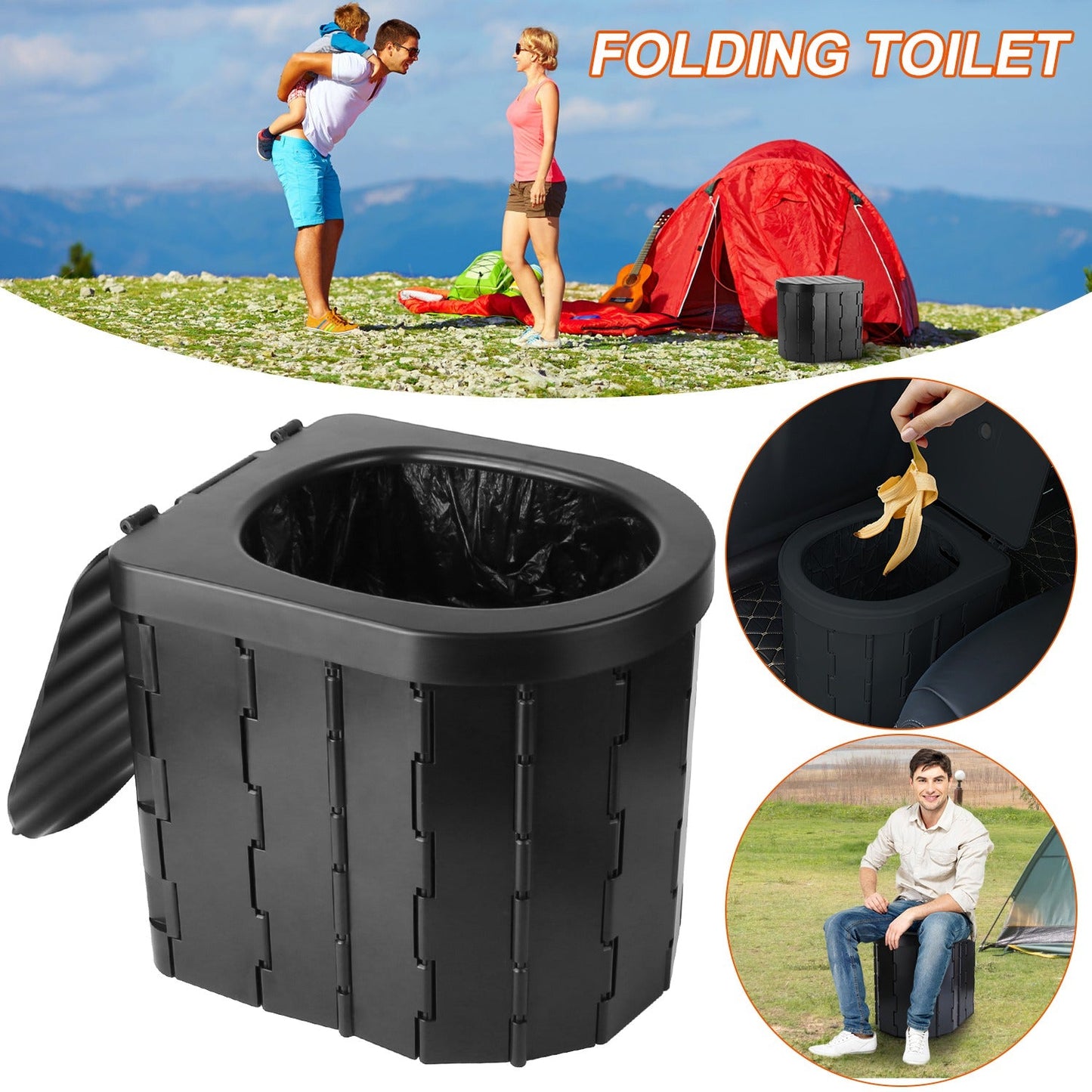 Foldable Portable Camping Toilet with Lid, Carry Bag & Garbage Bags