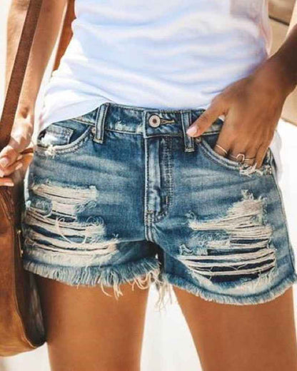Women's High-Waist Ripped Fringed Denim Shorts – Light & Dark Blue, S to XXL