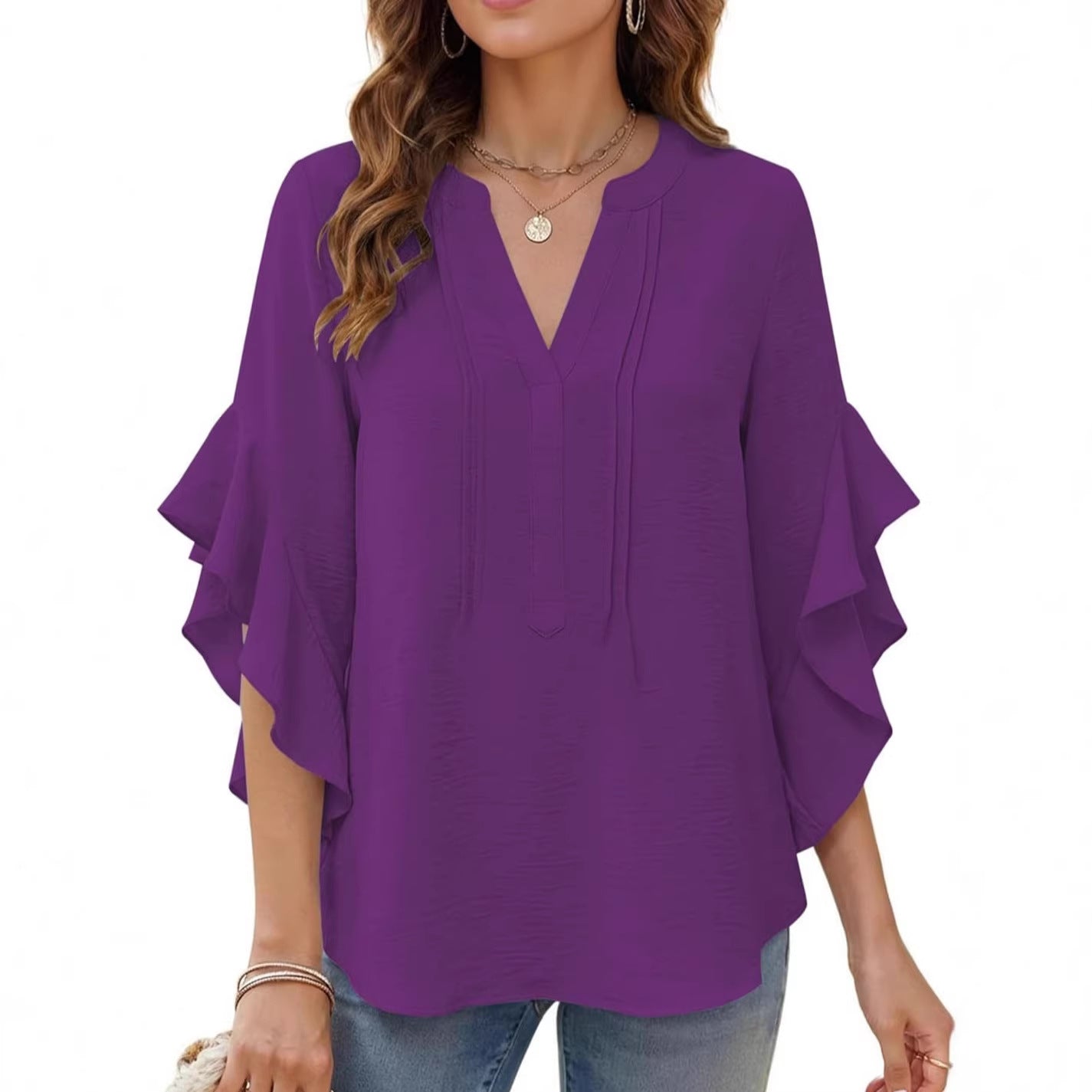 Women's V-Neck Ruffle-Sleeve Loose Casual Shirt – 5 Colors