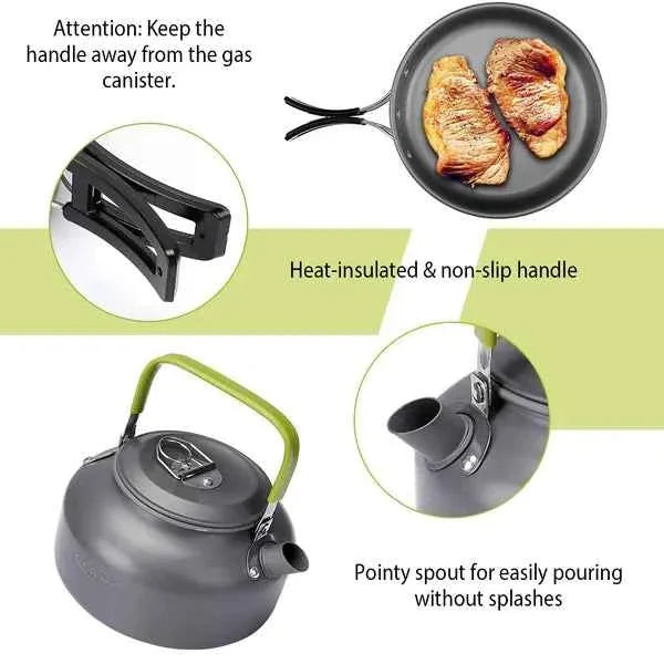 12-Piece Camping Cookware Set – Anodized Aluminum Pot, Frying Pan, Kettle, Cups & Cutlery with Carabiner Bag