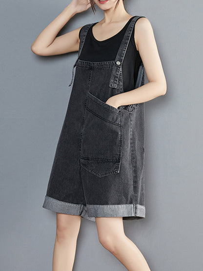 Oversized Utility Pocket Denim Romper Dungarees - Grey Wash