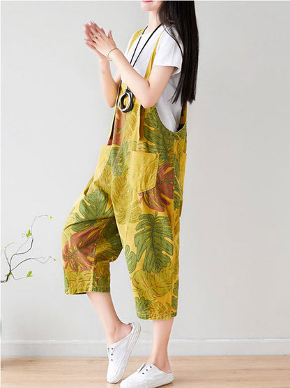 Tropical Leaf Print Cotton Overalls