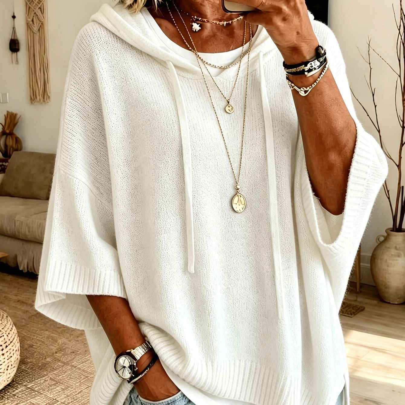 Women's Knitted Hooded Drawstring Sweater – Casual Cozy Pullover