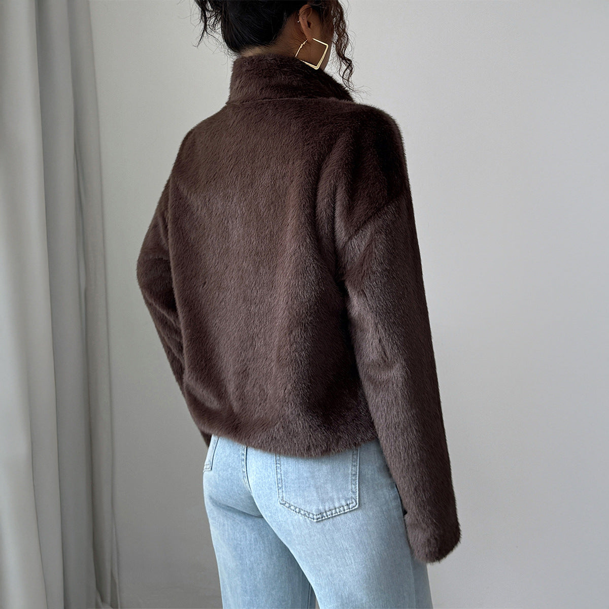 Women's Faux Fur Collar Long-Sleeve Coat – Dark Brown