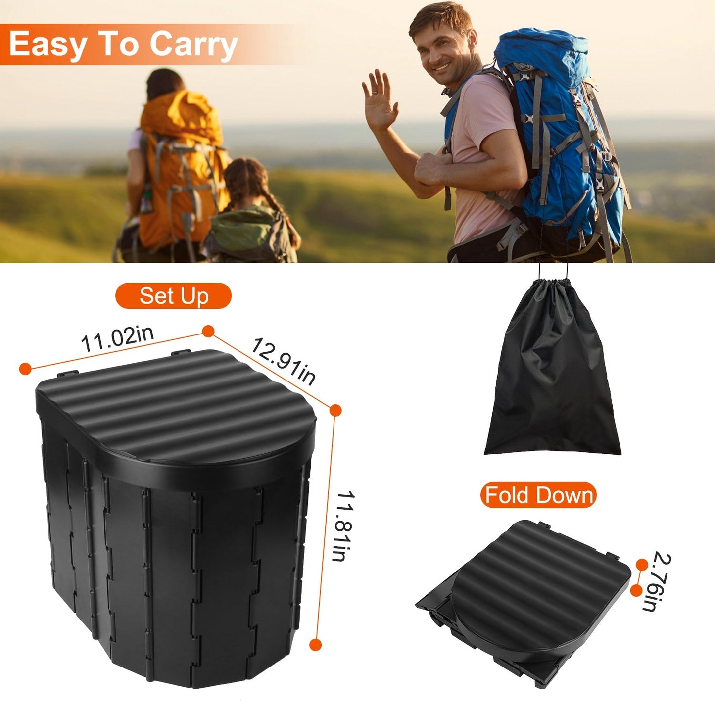 Foldable Portable Camping Toilet with Lid, Carry Bag & Garbage Bags