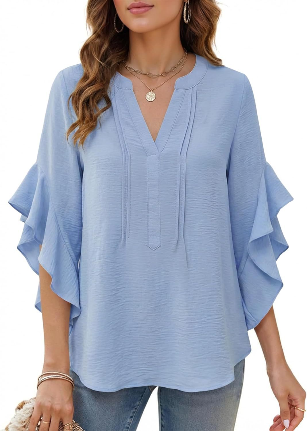 Women's V-Neck Ruffle-Sleeve Loose Casual Shirt – 5 Colors