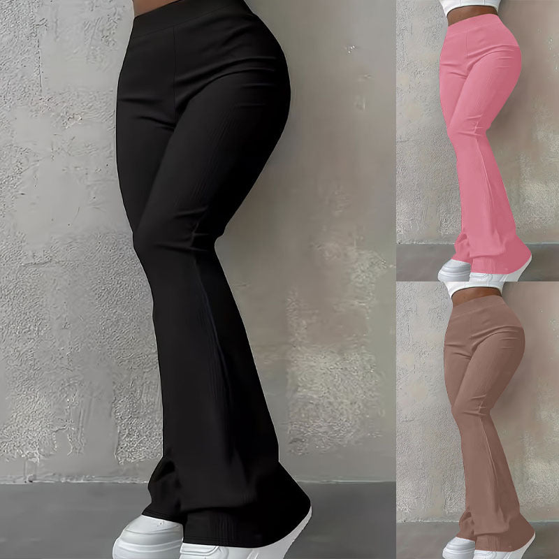 Women's High-Waist Ribbed Slim-Fit Flared Trousers – Pink