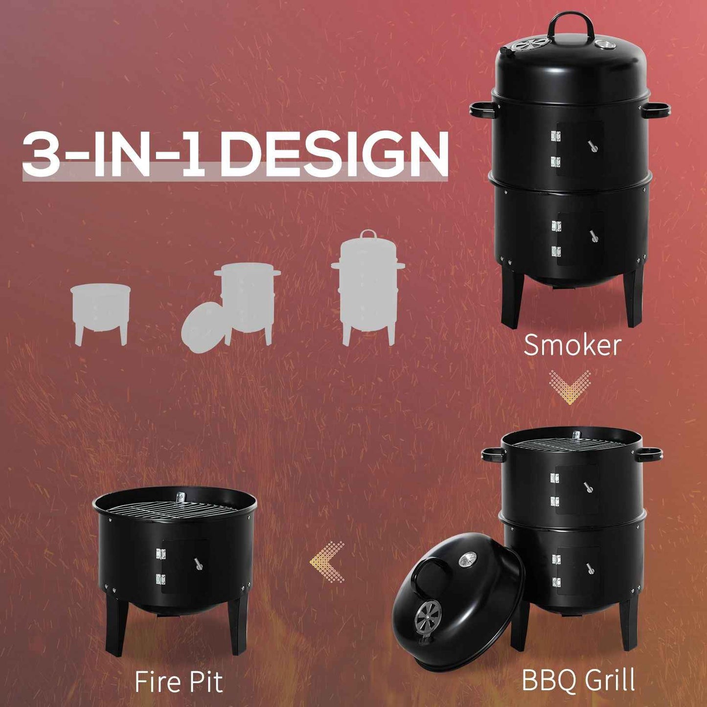 3-in-1 Vertical Charcoal BBQ Smoker Grill – Two-Tier, Built-In Thermometer