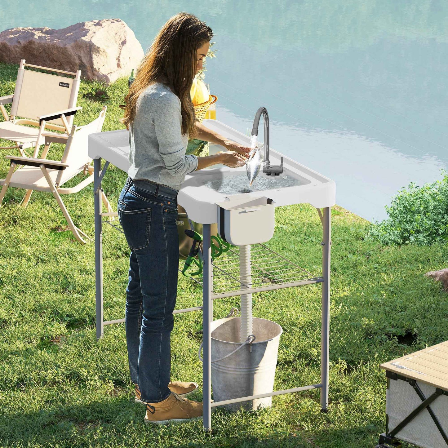Deluxe Folding Fish Cleaning Table with Dual Sinks, Drawer & Storage Basket