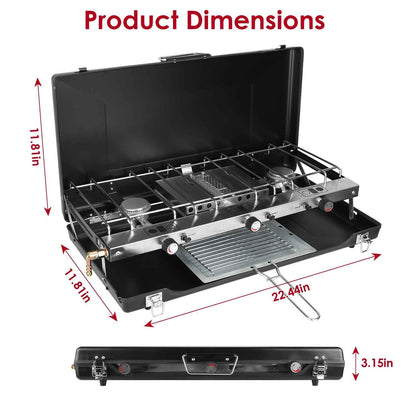 3-Burner Portable Propane Camping Stove – 20,500 BTU, Foldable with Windshield, Oil Tray & Grilling Mesh