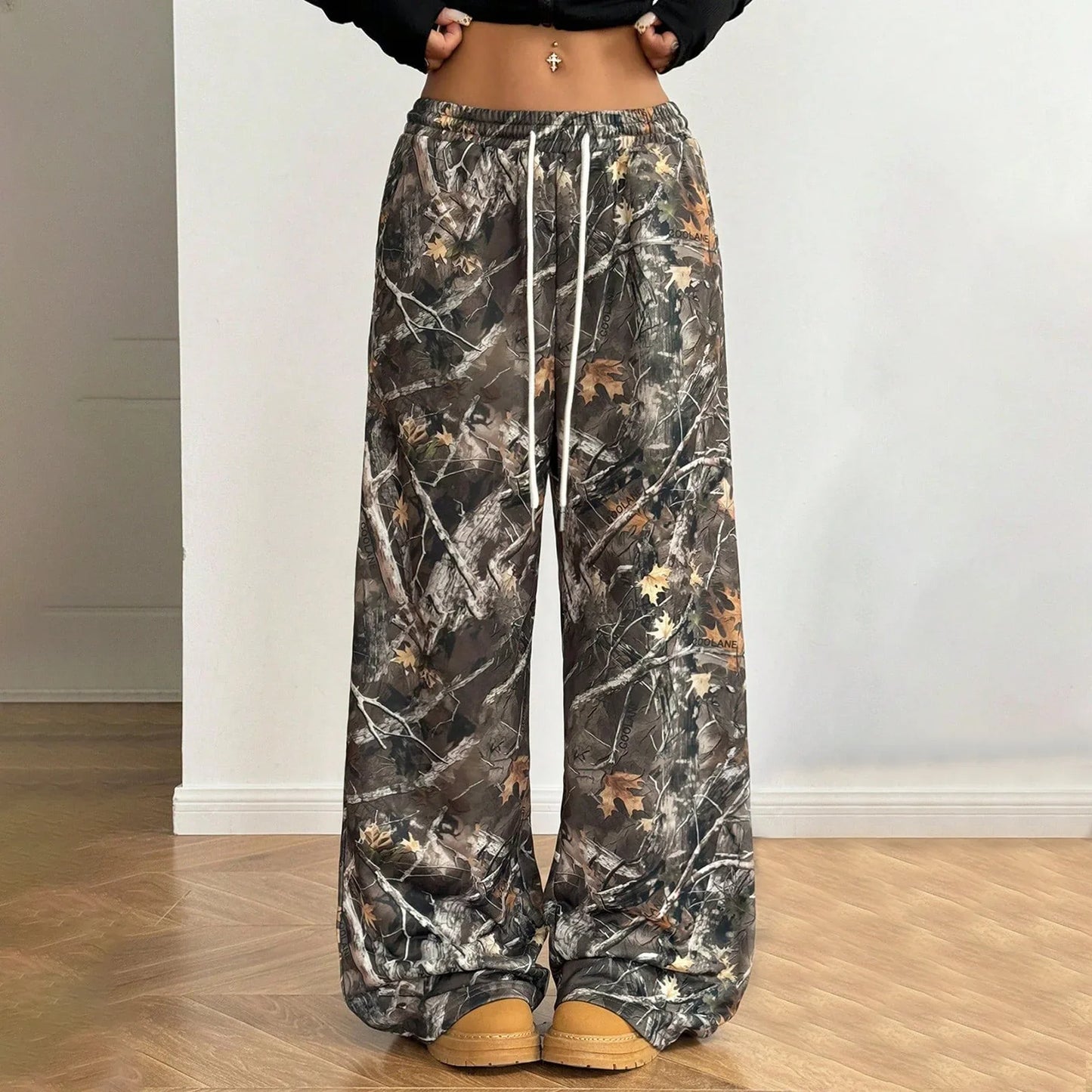 Women Branch Camouflage Wide Leg Pants Casual Hip Hop Elastic Waist Pocket Baggy Trouser Loose Vintage Y2KShannon DeMarte