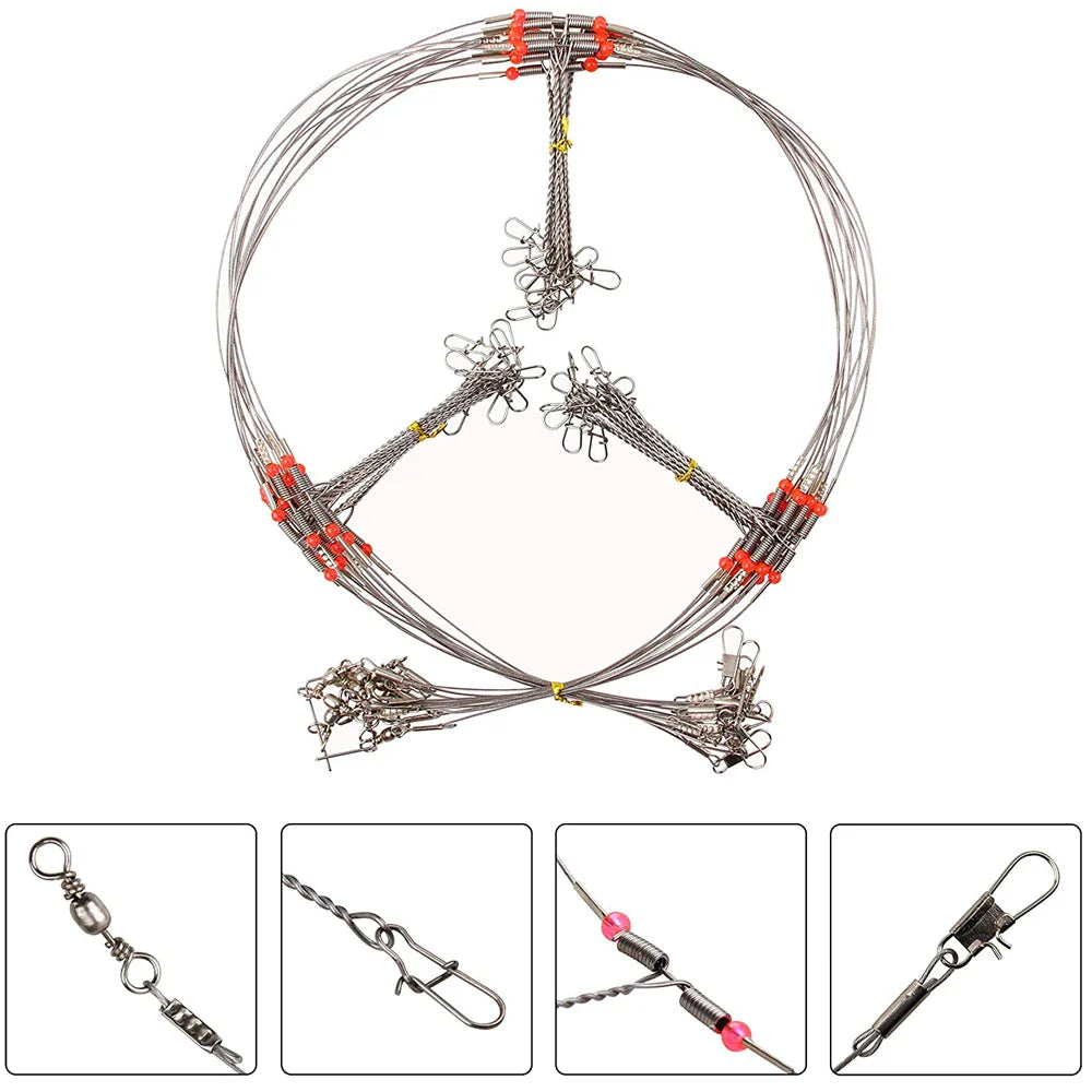 Stainless Steel Fishing Wire Leader Rigs – 24pcs with Swivel Snaps, Beads & Arms