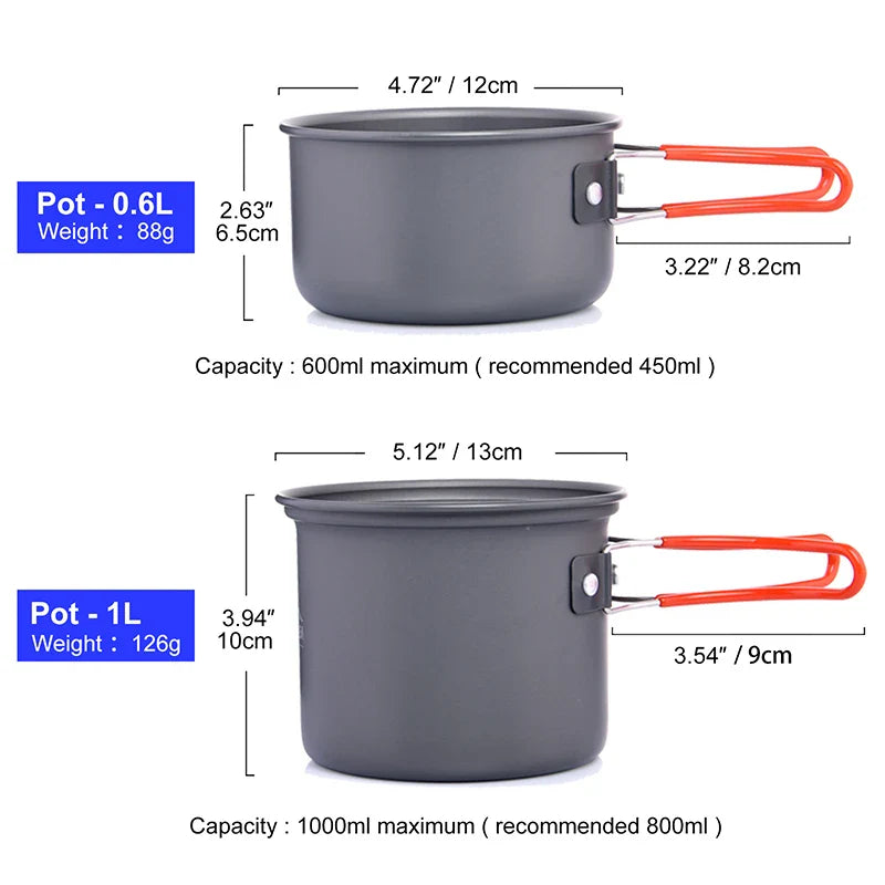 Aluminum Alloy Camping Cookware Set – 1L, Foldable, Tableware Included, Serves 3