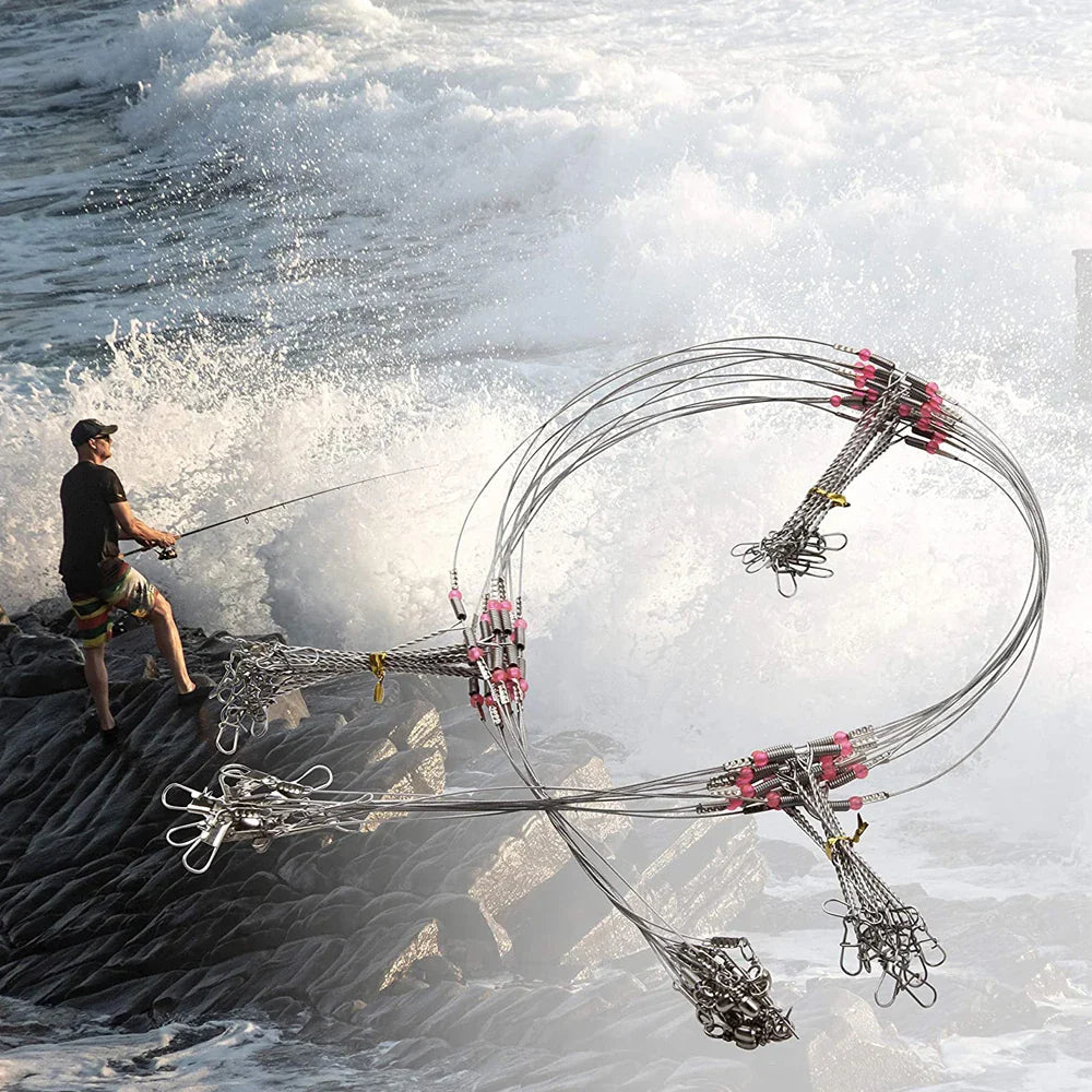 Stainless Steel Fishing Wire Leader Rigs – 24pcs with Swivel Snaps, Beads & Arms