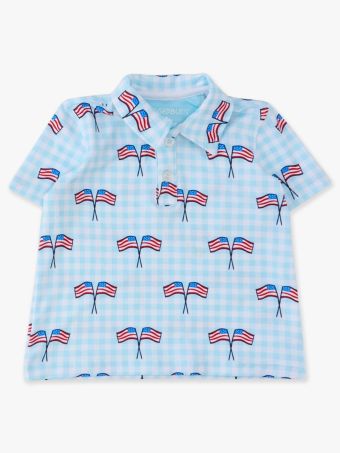 Boys Blue Patriotic Gingham Knit Short Sleeve Performance Polo