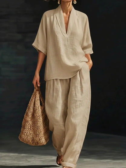 üì¢üì¢40% OFF !! ‚è∞Women's Casual V-Neck Top and Wide-Leg Trousers Setüëöüëñ