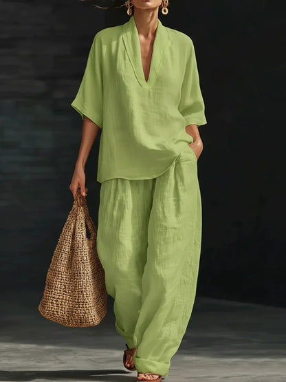 üì¢üì¢40% OFF !! ‚è∞Women's Casual V-Neck Top and Wide-Leg Trousers Setüëöüëñ