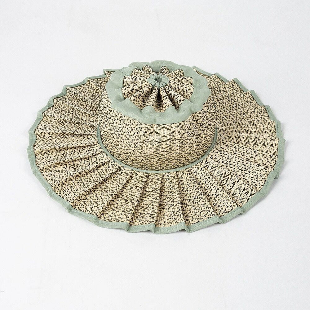 Handmade Foldable Straw Sun Hat for Women ‚Äì UPF 50+ Wide Brim Pleated Beach Hat with Ponytail Opening & Packable Roll-Up Design