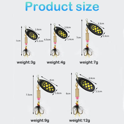 Metal Rotating Spinner Fishing Lure – Spoon Sequins Wobbler with Feather Hooks 3.5g/4.5g/7g/9g/12g