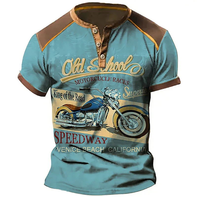Summer Vintage Henley Shirts Motorcycle 3D Print Men's Casual Streetwear Button-Down Short Sleeve T Shirt Man Tees Tops Clothing
