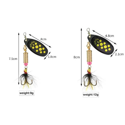 Metal Rotating Spinner Fishing Lure – Spoon Sequins Wobbler with Feather Hooks 3.5g/4.5g/7g/9g/12g