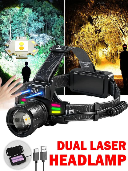 Super Bright Headlamp with Dual Laser & Motion Sensor – USB Rechargeable 18650 Torch for Fishing, Running & Fog