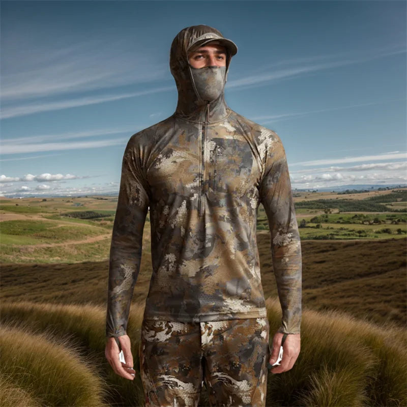 Camo Hunting Hoodie with Face Mask – Lightweight Pullover for Fishing & Outdoor Use