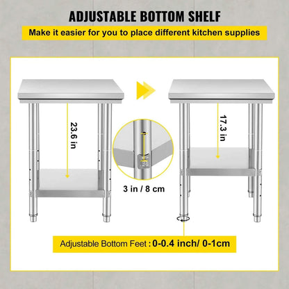 SucceBuy Stainless Steel Table for Prep & Work Metal Commercial Kitchen Heavy Duty Table with Adjustable Shelf