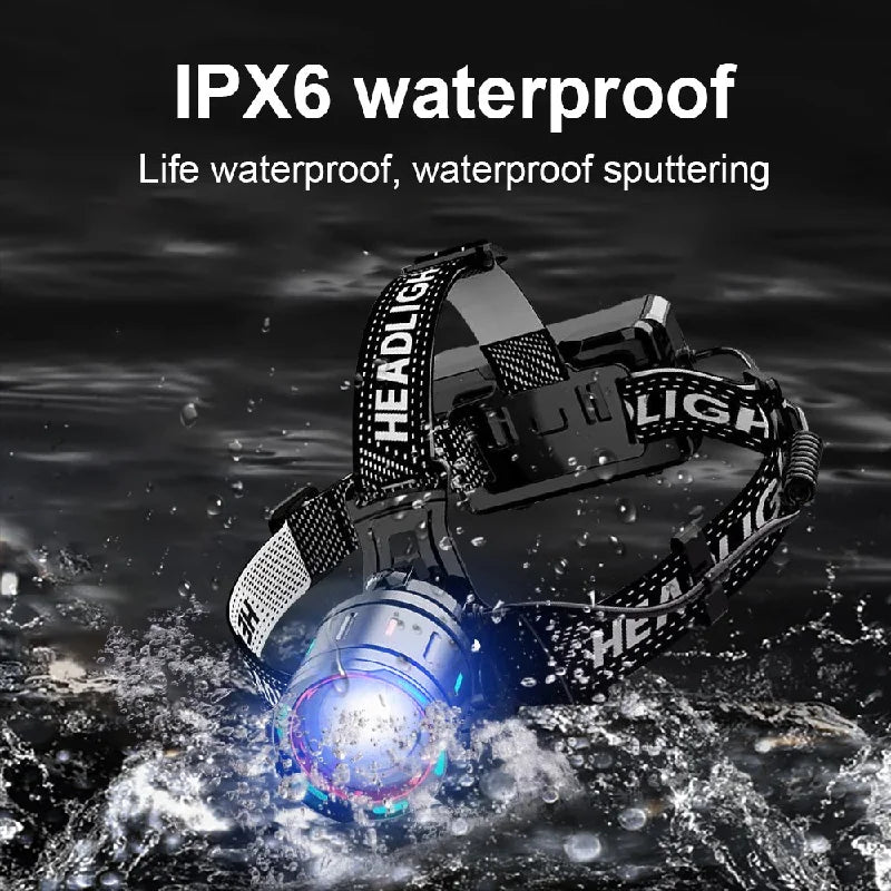 High-Power LED Headlamp with IR Sensor – Rechargeable, 5000m Beam for Fishing & Camping