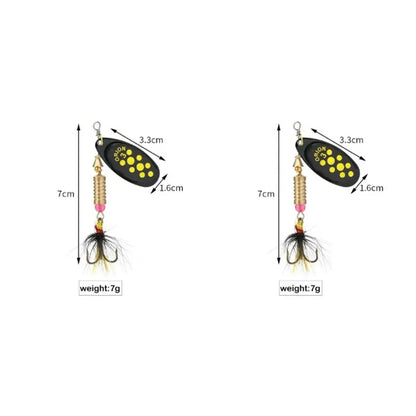 Metal Rotating Spinner Fishing Lure – Spoon Sequins Wobbler with Feather Hooks 3.5g/4.5g/7g/9g/12g