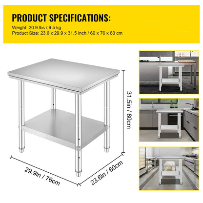 SucceBuy Stainless Steel Table for Prep & Work Metal Commercial Kitchen Heavy Duty Table with Adjustable Shelf