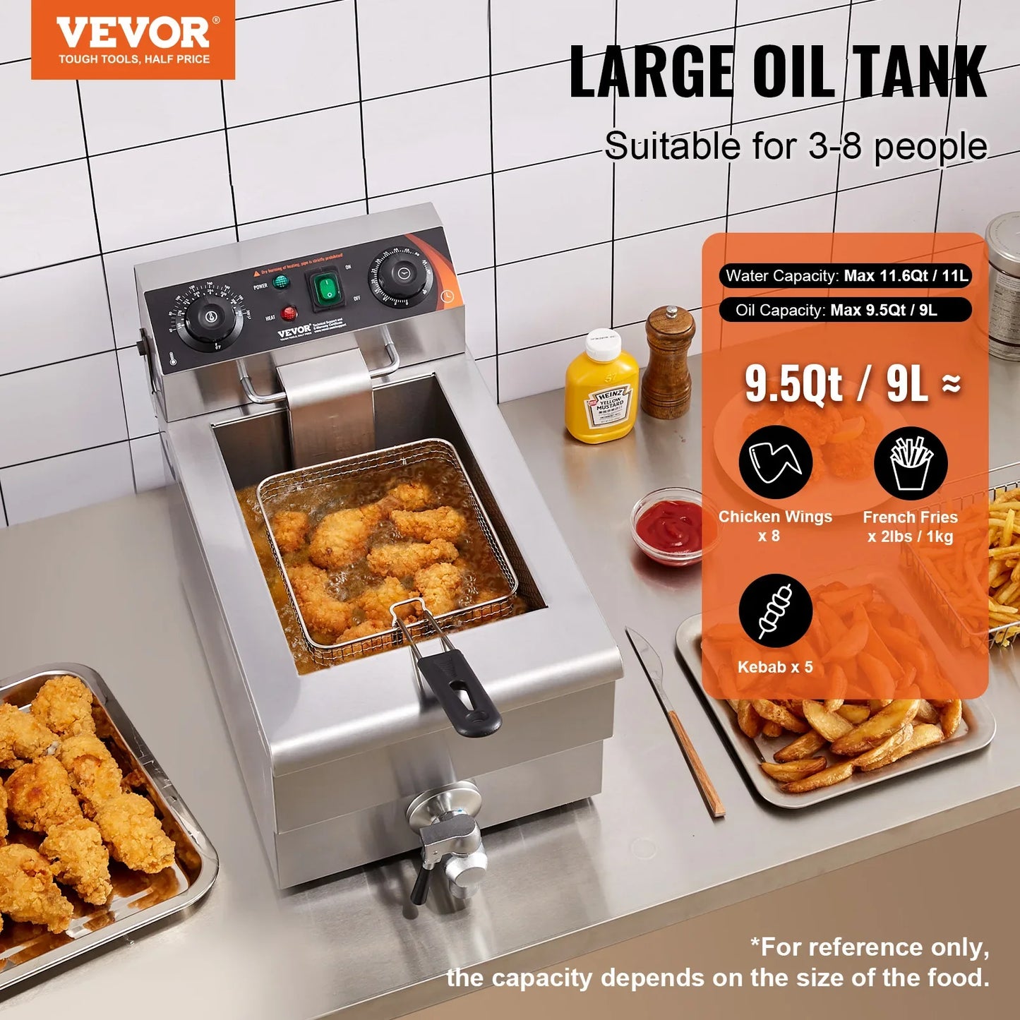 Commercial Deep Fryer Electric Countertop Fryer with Basket 11.6Qt Stainless Steel Single Oil Fryer w/Time&Temp Control