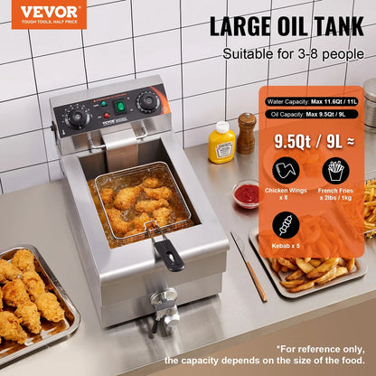 Commercial Deep Fryer Electric Countertop Fryer with Basket 11.6Qt Stainless Steel Single Oil Fryer w/Time&Temp Control