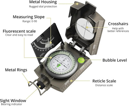 IP65 Waterproof Metal Compass with Clinometer – Precision Navigation for Camping, Hunting & Hiking